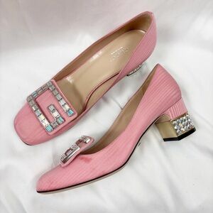 Gucci Madelyn Silk Moire Crystal G Block Heel Pump Pink EU 36.5 Designer